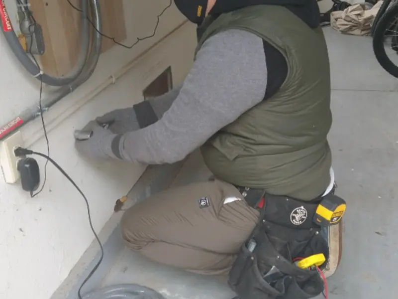 Electrician performing outlet wiring in a Louisiana garage